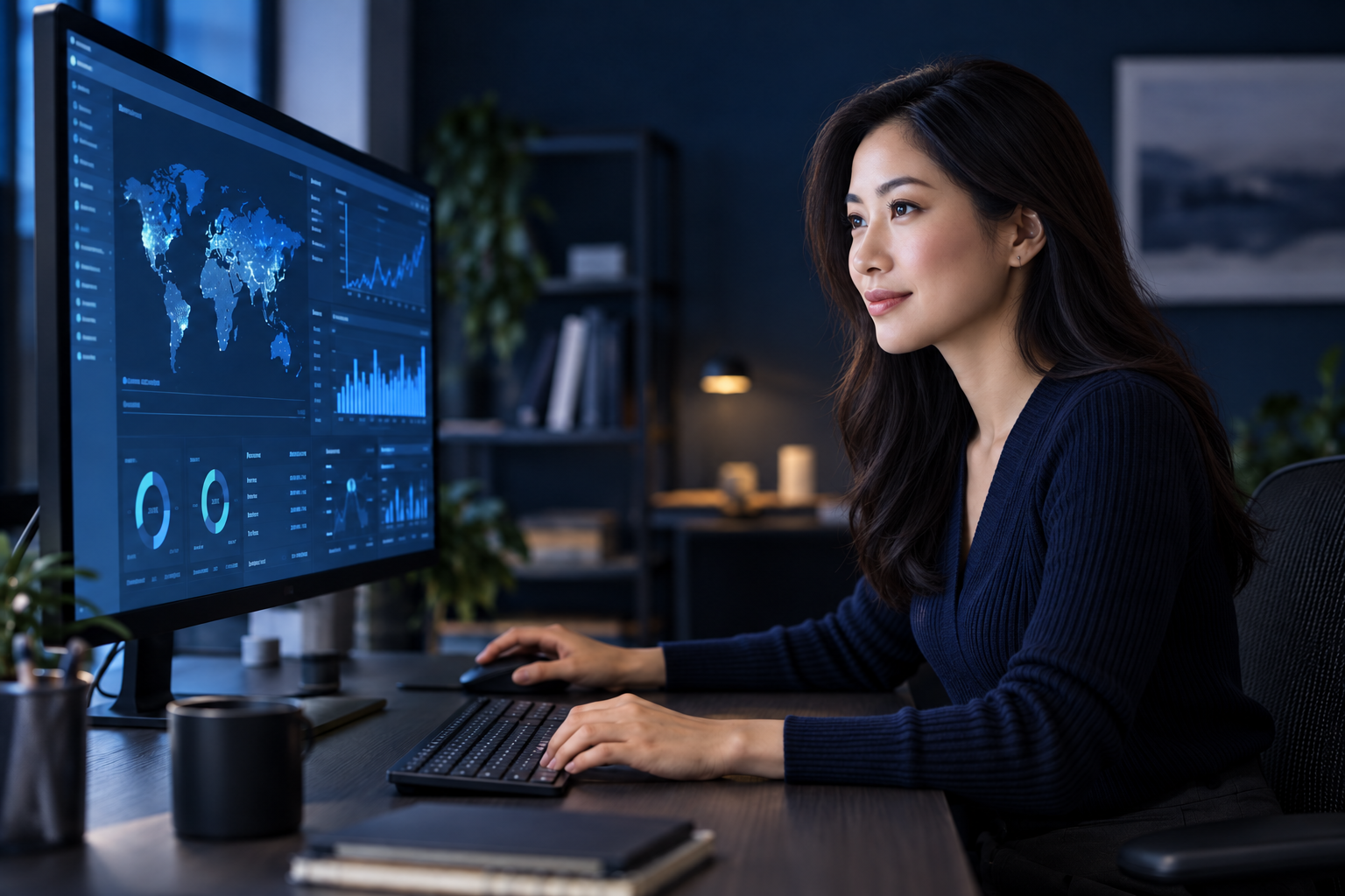 Asian female data scientist analyzing charts and geographic data at a computer